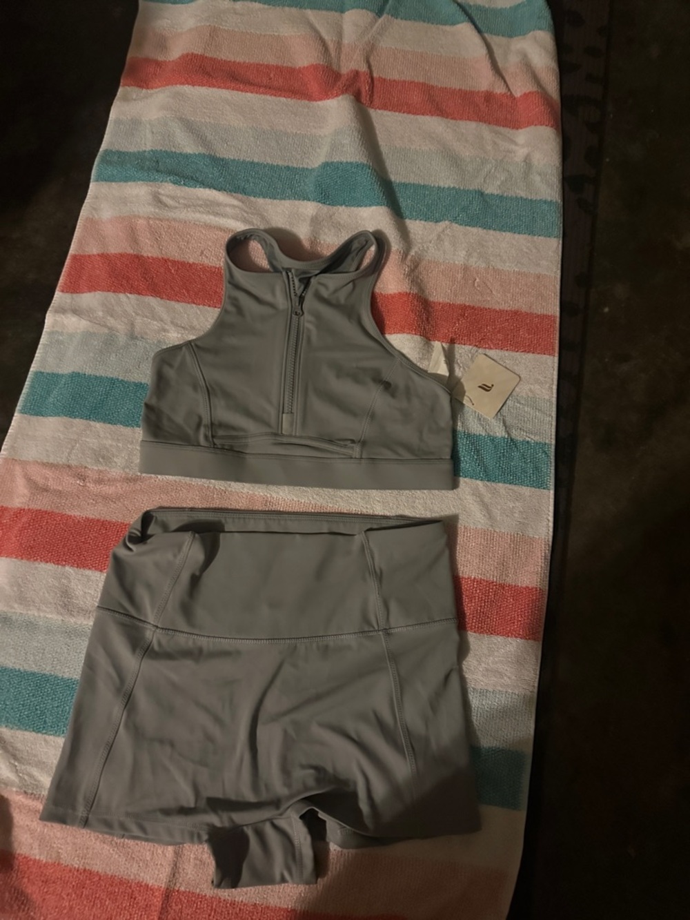 Fabletics Light Gray High Neck Zip Swim Top & Swim Shorts Set